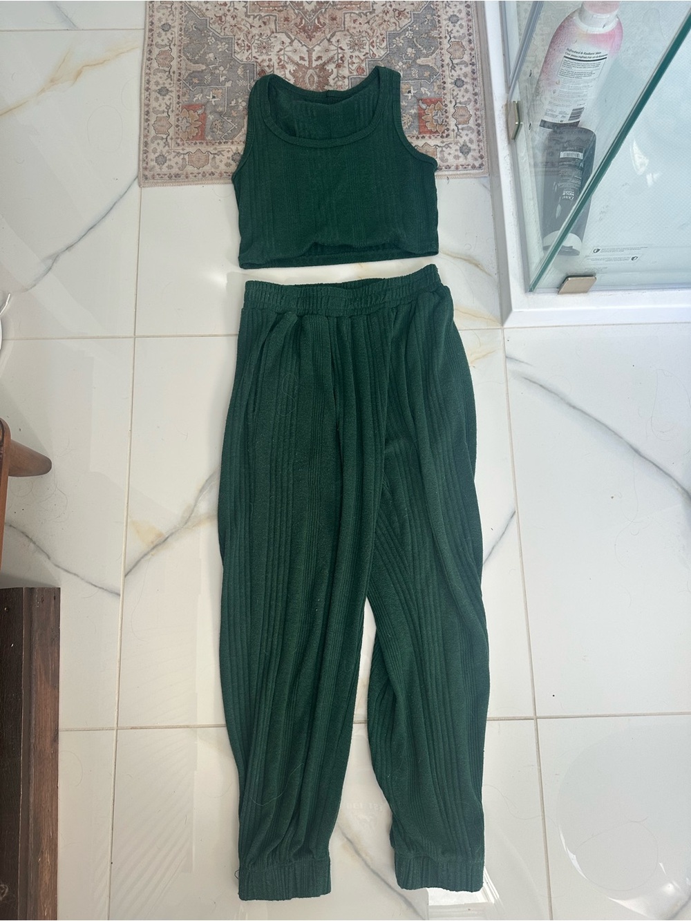 Ribbed Knit Tank & Jogger Set - Dark Green